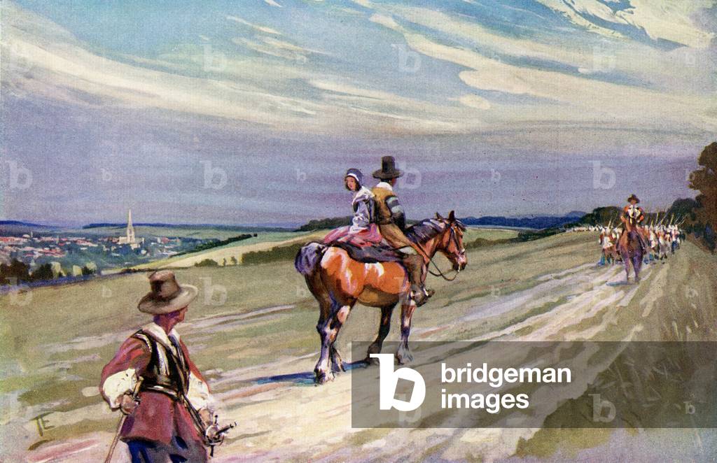 King Charles II, riding towards Wilton in disguise after the Battle of Worcester, passes Roundheads on the Icknield Road, near Wilton.   From The Illustrated London News, Christmas Number, 1933.