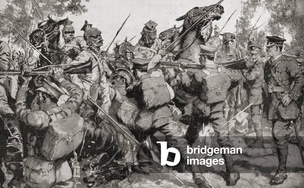 Irish Guards beat back a German cavalry charge with bayonets during WWI (litho)