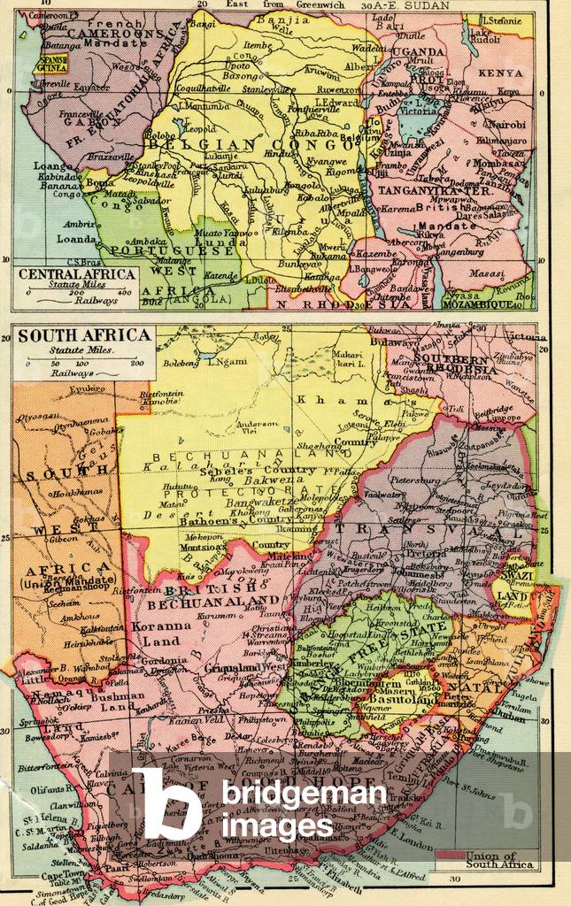A 1930's map of central Africa, top and south Africa, bottom
