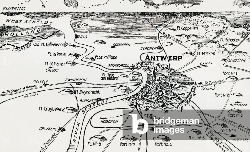 Plan of the immense fortress town of Antwerp, Belgium, with a triple belt of forts (litho)