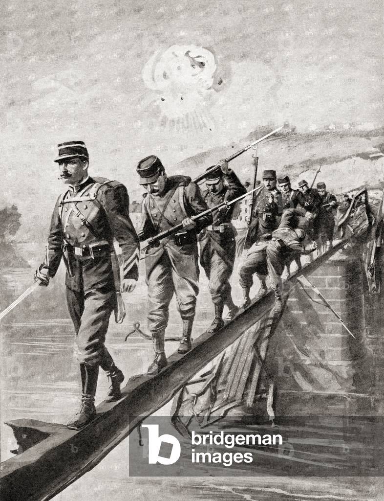 French infantry balancing on a single girder remaining on the railway bridge, make a perilous crossing over the River Aisne, September 13, 1914 during the First Battle of the Aisne, WWI, from 'The War Illustrated Album Deluxe', published 1915 (litho)
