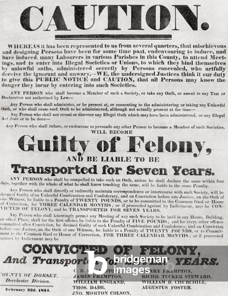 Public notice advising caution to people thinking of joining illegal societies or unions, early 19th century