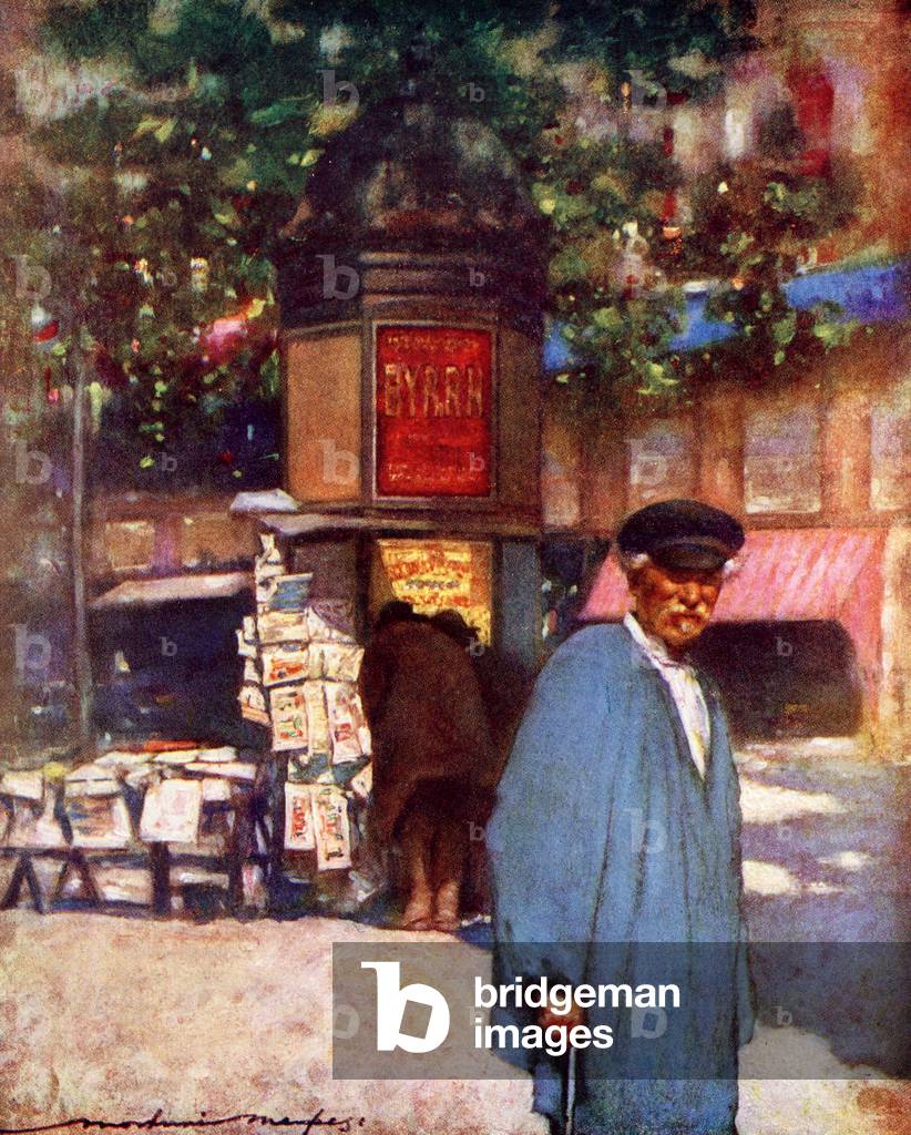 The Kiosk on the Boulevard, Paris, illustration from the book 'France' by Gordon Home, published 1918 (colour litho)