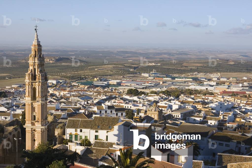 Torre de la Victoria and view over town, Estepa, Seville Province, Spain (photo)