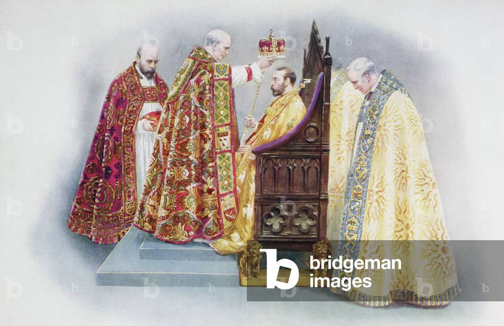 The crowning of the king by the Archbishop of Canterbury and attended by The Dean of Westminster and the Bishop of Bath and Wells.  George V, George Frederick Ernest Albert, 1865 to 1936. King of the United Kingdom and the British Dominions, and Emperor of India.  From The Queen The Lady's Newspaper published 1935.