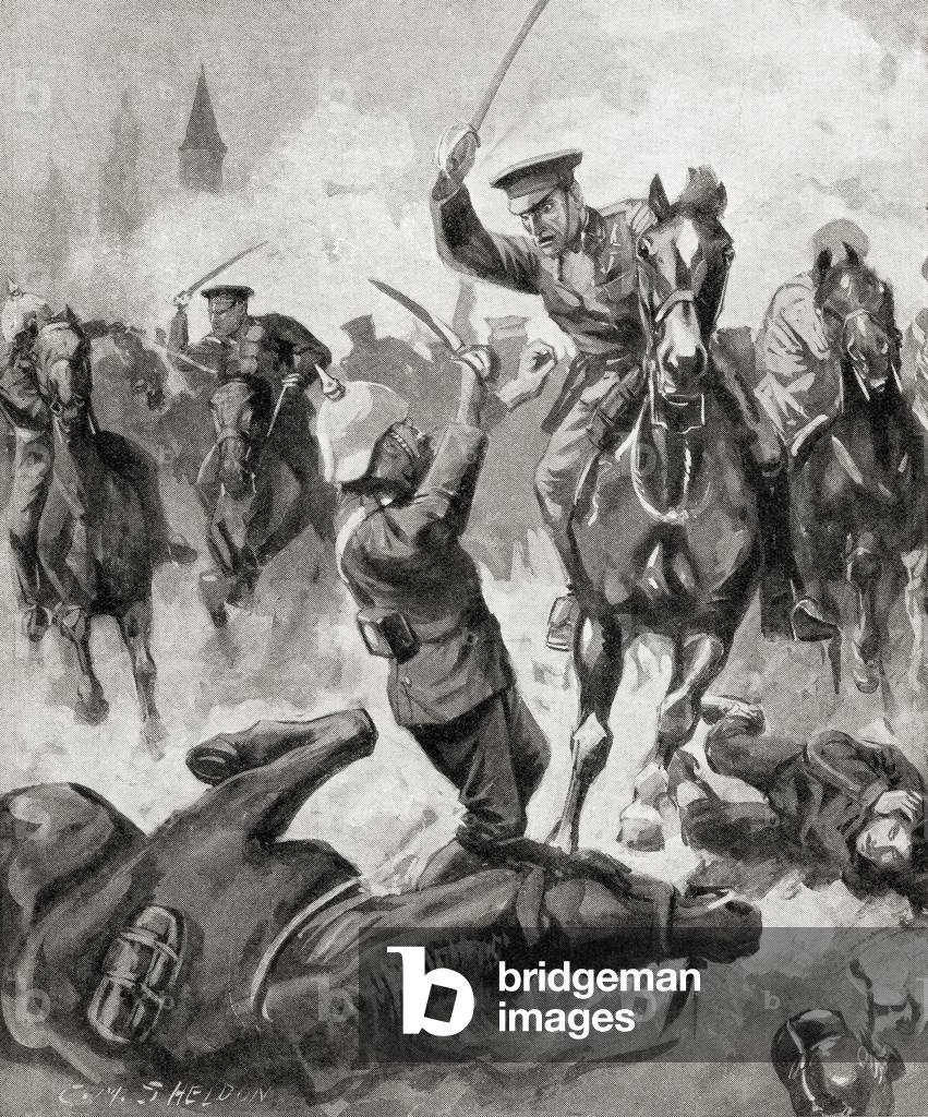 Furious charge of British cavalry at The Battle of Mons, 23rd August 1914 during WWI (litho)