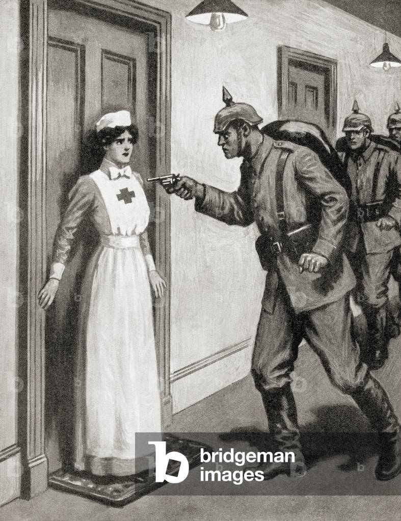 Brave Nurse Agassiz protecting her wounded British patients from the Germans during WWI (litho)