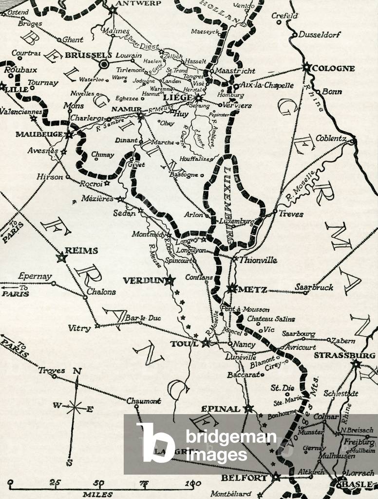 Map of the fortified Franco-German frontier between Belgium and Switzerland during World War One, from The History of the Great War, pub.c. 1919