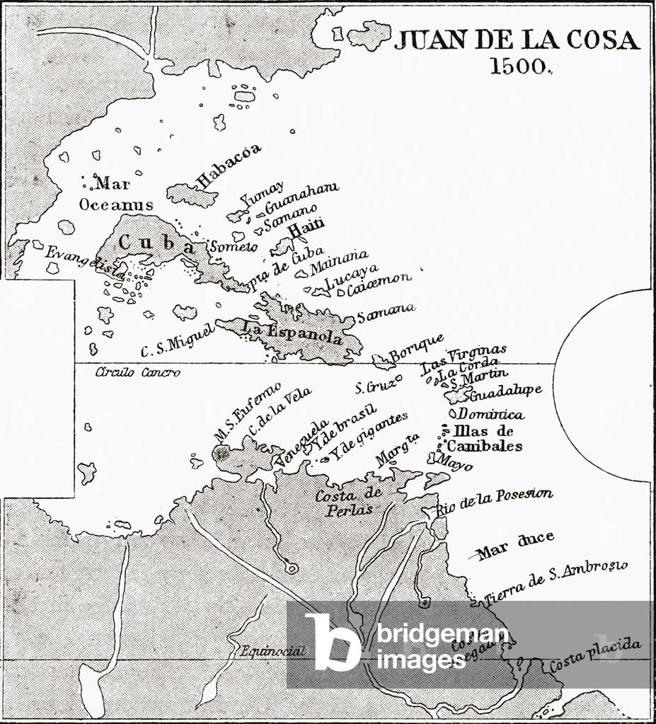 Western part of the map of Juan de la Cosa from 1500. Juan de la Cosa sailed with Christopher Columbus on his first three voyages.  From the book Life of Christopher Columbus by Clements R. Markham published 1892.