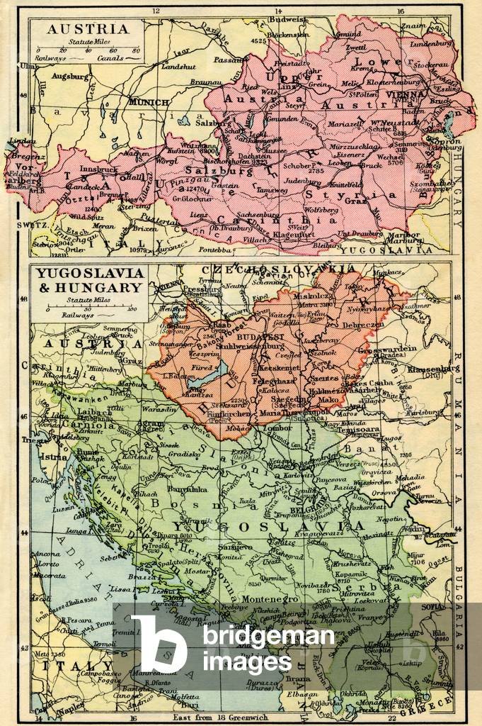 A 1930's map of Austria, top and Yugosalvia and Hungary, bottom