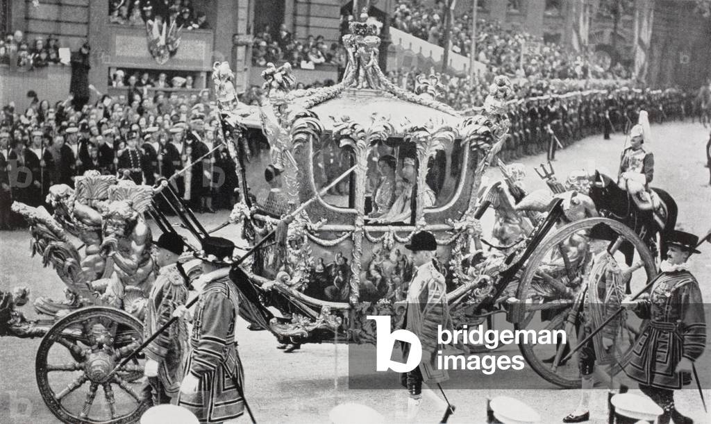 King George VI and Queen Elizabeth in the coach of state during their journey from the Palace to Westminster Abbey to their coronation ceremony 12th May 1937.  George VI, Albert Frederick Arthur George, 1895 to 1952.  King of the United Kingdom.  Elizabeth Angela Marguerite Bowes-Lyon, 1900 to 2002.  Queen consort of George VI.  From The Sphere, Coronation Record Number published 1937.