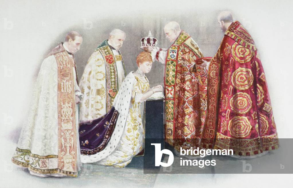The coronation of the Queen by the Archbishop of Canterbury and attended by the Bishop of Oxford, the Bishop of Peterborough and the Dean of Westminster.   Mary of Teck , Victoria Mary Augusta Louise Olga Pauline Claudine Agnes, 1867 to 1953.  Queen consort of the United Kingdom.  From The Queen The Lady's Newspaper published 1935.