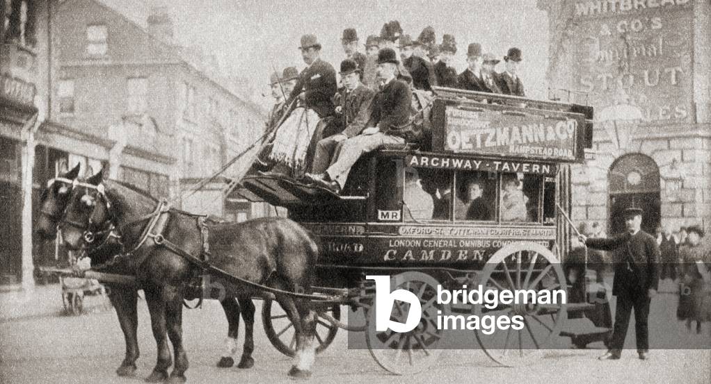 A Knifeboard bus, so named because of the upper deck seats, where the passengers sat back to back, from  The Pageant of the Century, pub. 1934
