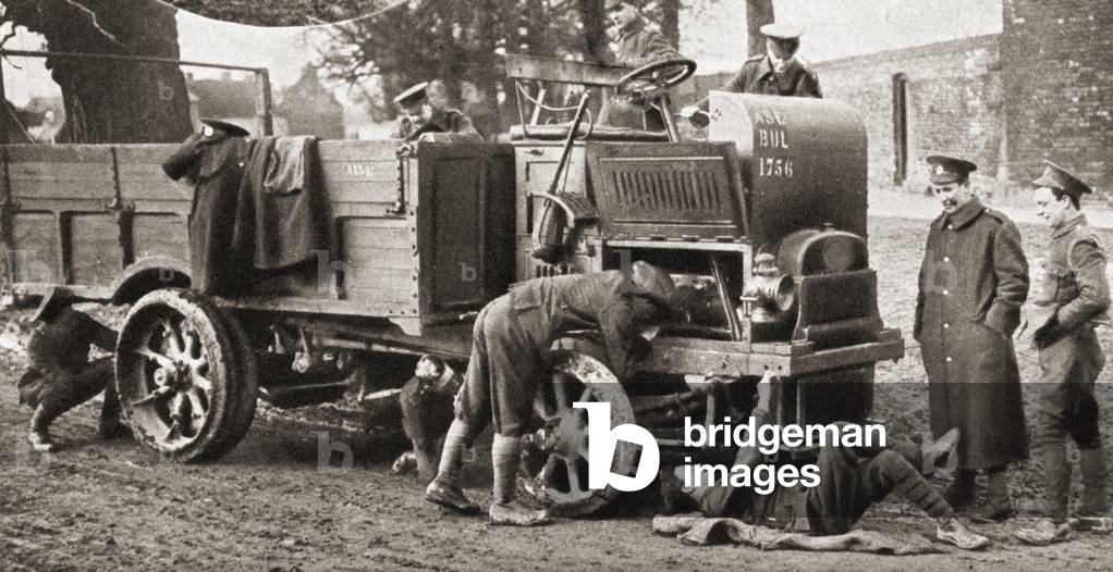 A transport wagon of the A.S.C., it was not styled Royal until after the war, requires expert attention during WWI, from The Pageant of the Century, pub.1934