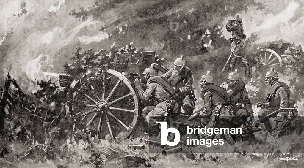 German field artillery in action during World War One, The guns were screened and were invisible at a comparitively short distance, from The History of the Great War, pub.c. 1919
