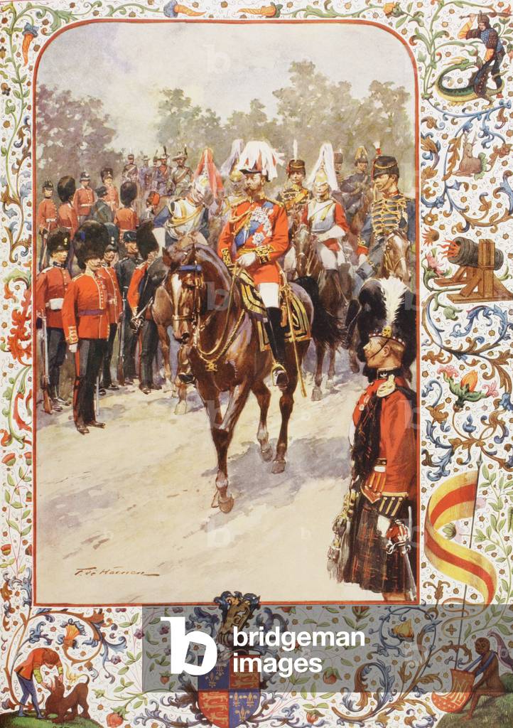 George V, as Field Marshal and British Regiments of which he was colonel.  George Frederick Ernest Albert, 1865 to 1936.  After the painting by Frederic de Haenen from The Illustrated London News, 1910.
