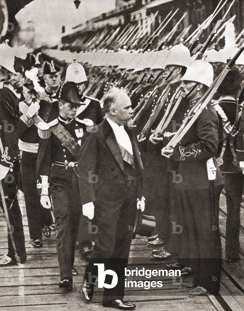 Raymond Poincaré,  1860  1934.  French statesman and five times Prime Minister of France, seen here reviewing a guard of honour on his arrival in England in 1913.  From The Story of 25 Eventful Years in Pictures published 1935