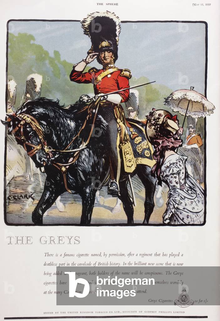 A 1937 advertisement for Greys Cigarettes showing a member of the Royal Scots Greys Regiment on horseback.  From The Sphere, Coronation Record Number published 1937.