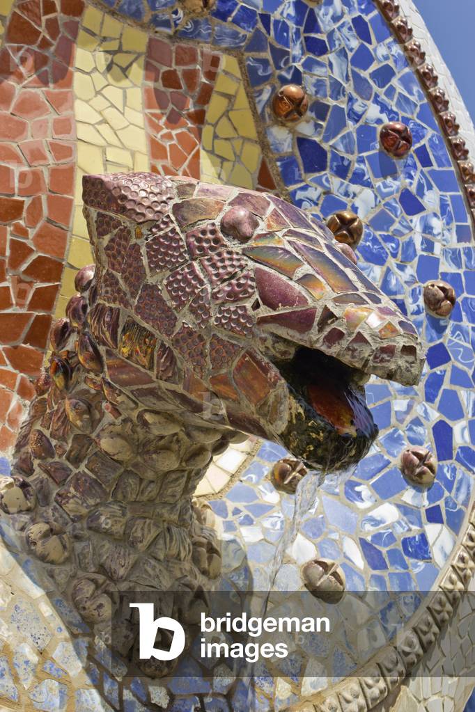 Detail of mosaics on the fountain at the entrance, Parc Guell, Barcelona, Spain (photo)