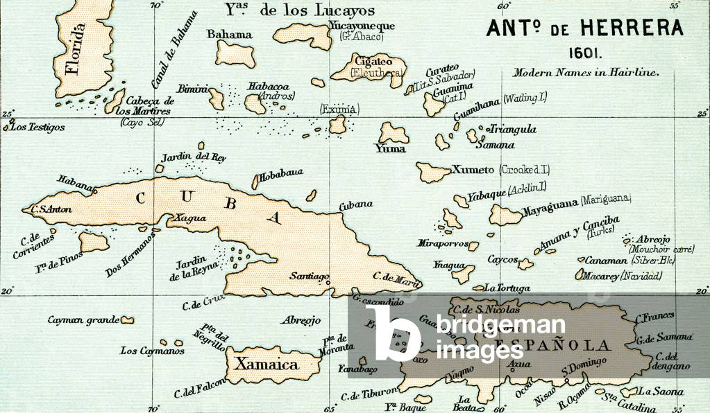 Antonio de Herrera y Tordesillas map of the Bahamas, 1601.  From the book Life of Christopher Columbus by Clements R. Markham published 1892.