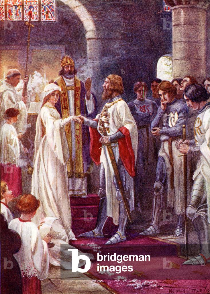 The Marriage of King Arthur and Guinevere.  Coloured illustration from the book The Gateway to Tennyson published 1910.