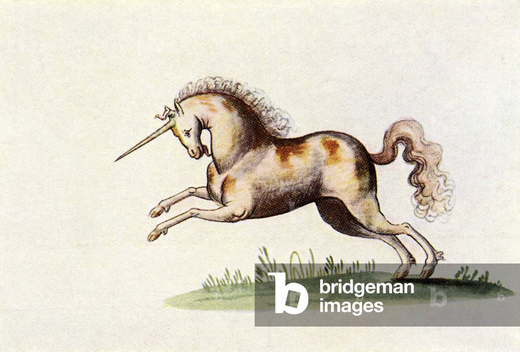 The Unicorn.  After an illustration from The Livre d'Amis of Marguerite de Valois in The Illustrated London News, Christmas Number, 1933.