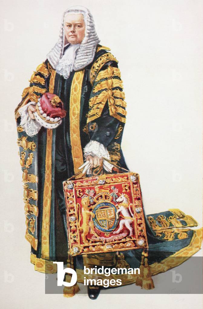 The Lord High Chancellor of Britain in his coronation robes and bearing the King's Purse.   Douglas McGarel Hogg, 1st Viscount Hailsham , 1872 to 1950.  British lawyer, Conservative politician and Lord Chancellor during the coronation of King George VI.  From The Sphere, Coronation Record Number published 1937.