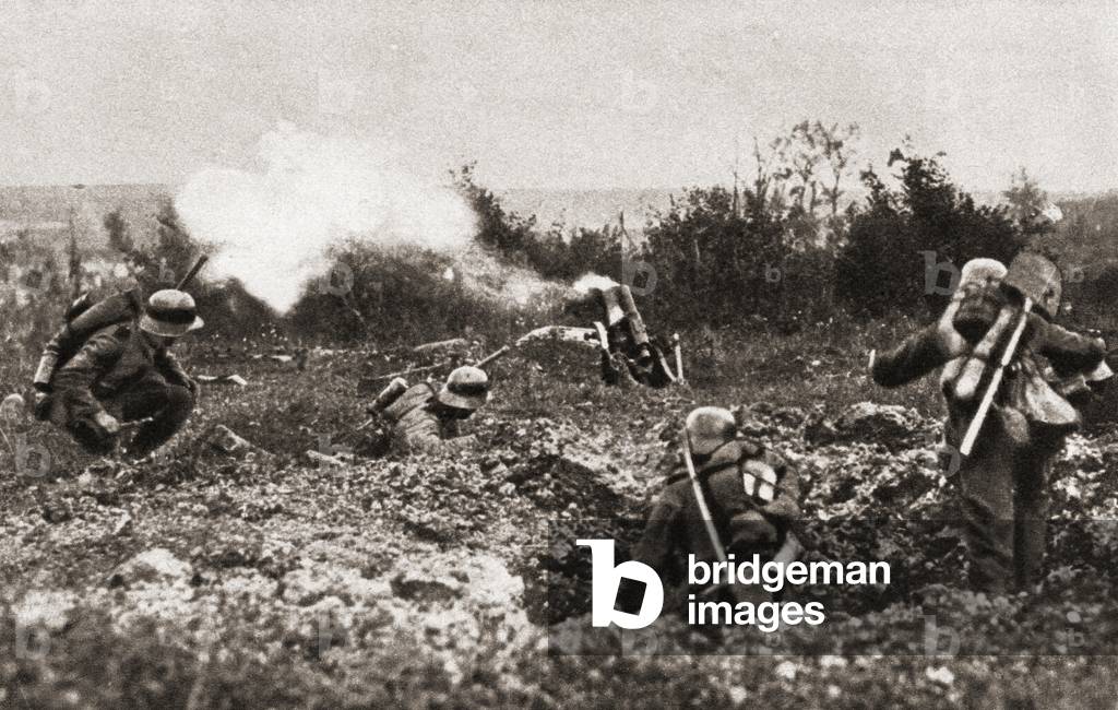 German soldiers using a Minenwerfer or mine launcher in no man's land during World War One, from The Pageant of the Century, pub.1934