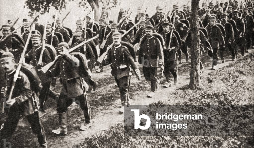 German troops marching easy through Belgium during WWI, from The Pageant of the Century, pub.1934