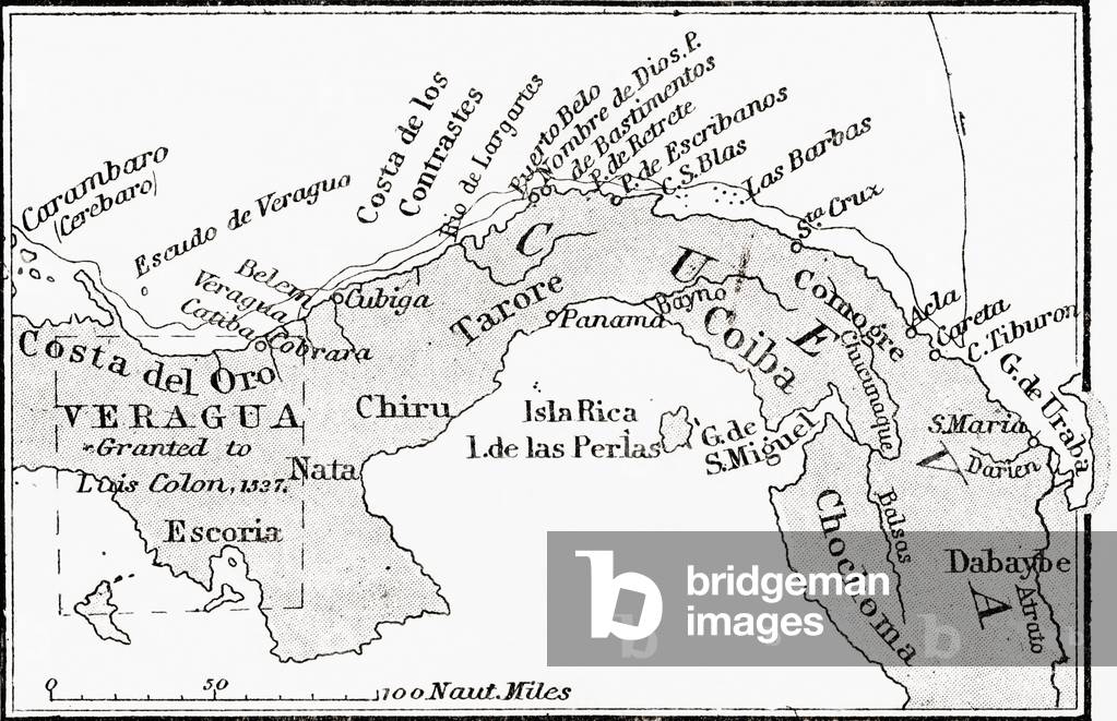Map of Veragua showing coastline explored by Christopher Columbus on his fourth voyage, in 1502.   From the book Life of Christopher Columbus by Clements R. Markham published 1892.
