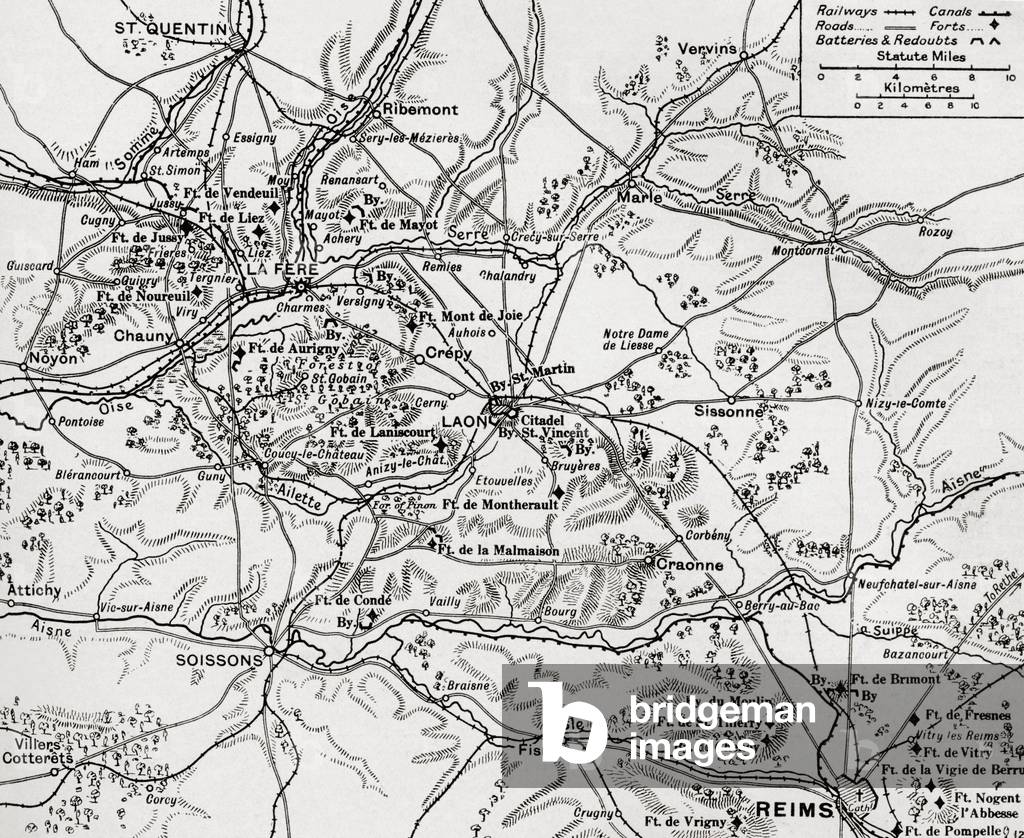 Map illustrating the region of the First Battle of the Aisne, France during WWI (litho)