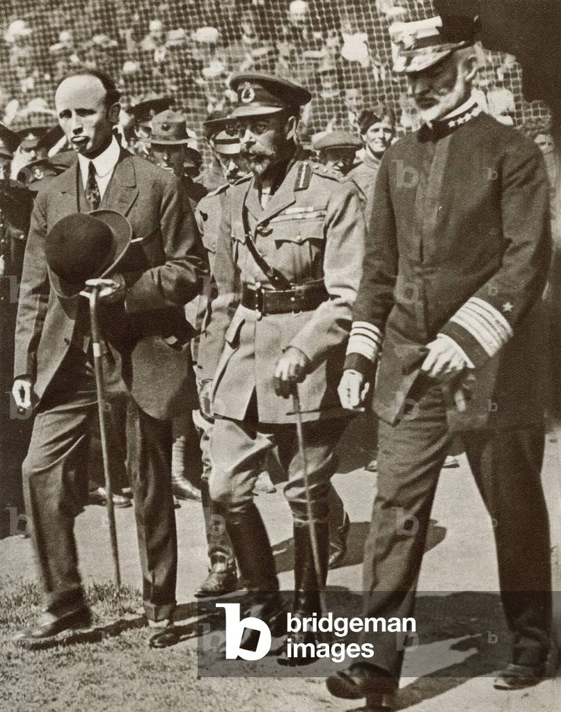 King George V, 1865  1936 attending a baseball match at Stamford Bridge, London, England arranged in honour of the American allies in 1918.   From The Story of 25 Eventful Years in Pictures published 1935