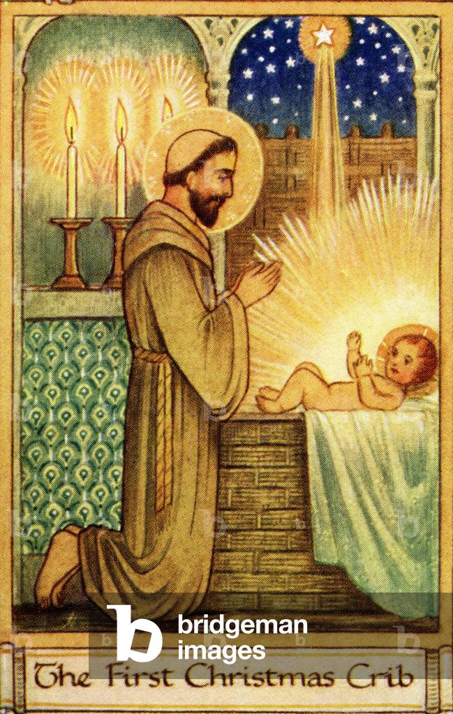The Origin of Christmas Customs. The First Christmas Crib is attributed to St. Francis of Assisi as part of a Christmas Play. From The Illustrated London News, Christmas Number, 1933.