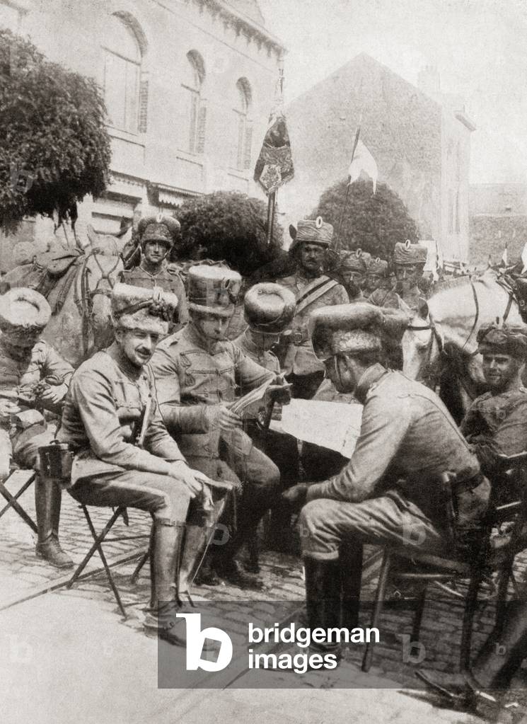 Invading German cavalry in Brussels during WWI, from The War Illustrated Album Deluxe, pub.1915