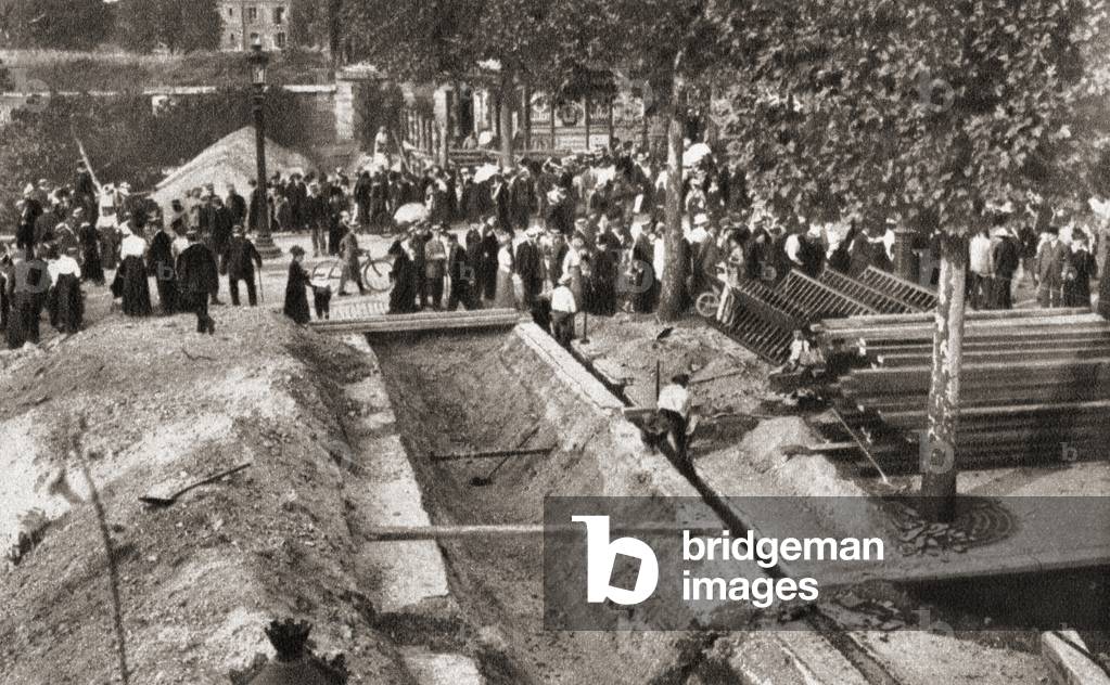 Defensive trenches dug across the streets at Porte Maillot, Paris, France during the panic engendered by the German advance during WWI, from The Pageant of the Century, pub.1934