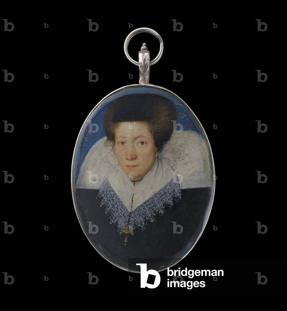 Portrait miniature of a lady, aged 34, 1618 (w/c & shell gold on vellum)