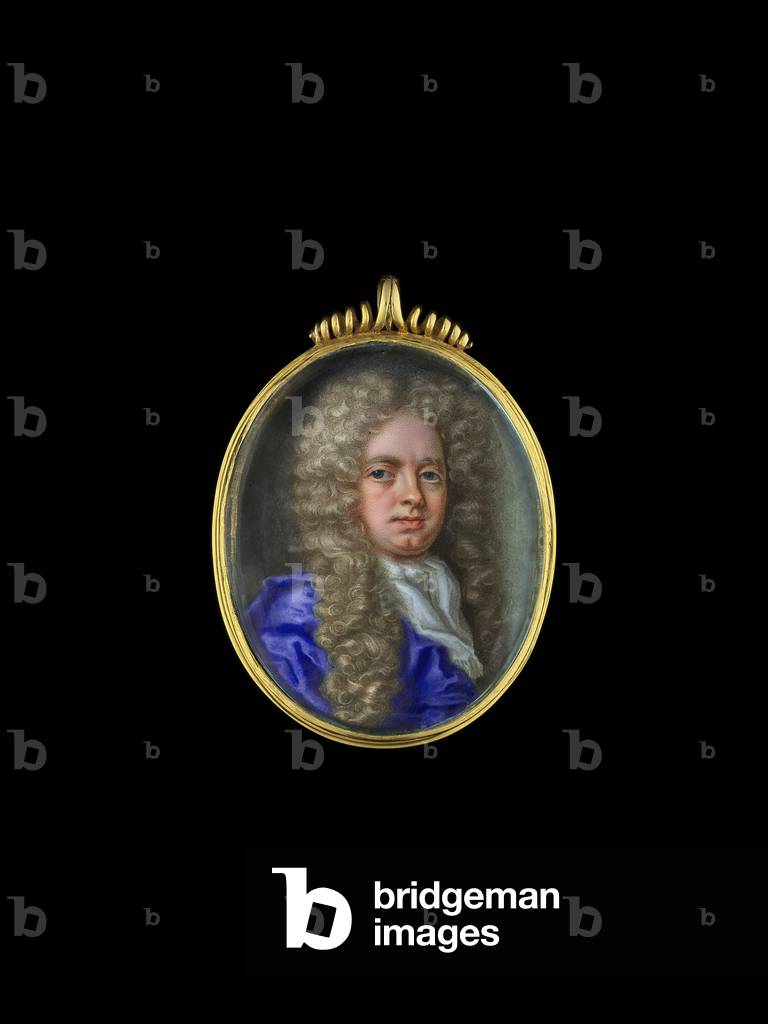 James Butler, 2nd Duke of Ormonde, wearing blue cloak and white jabot, long, curled wig, c.1715 (enamel on metal)