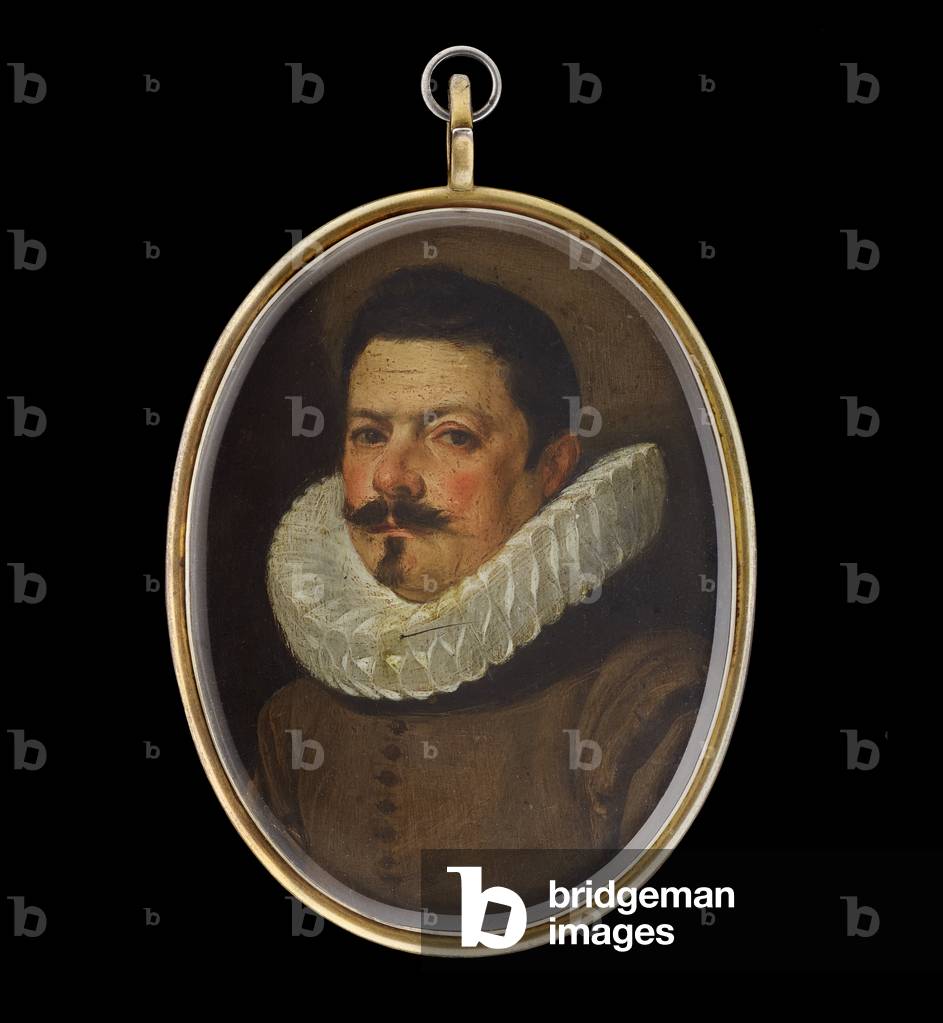 Portrait miniature of a Gentleman wearing a lace ruff and brown doublet, c.1620 (oil on copper)