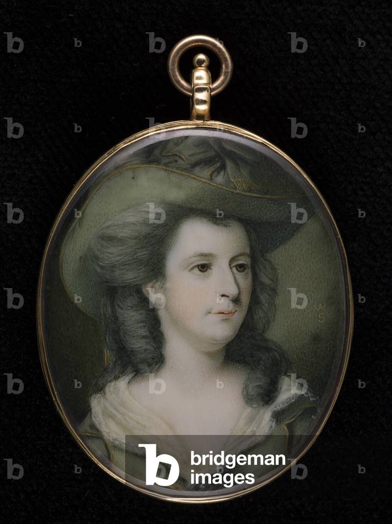 Portrait miniature of Jane, Duchess of Gordon, wearing gold-trimmed green hat and matching dress, her hair powdered, c.1783 (w/c on ivory)