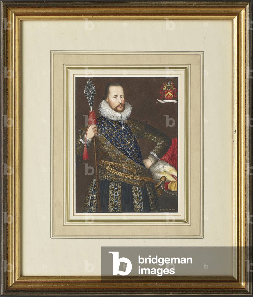 A portrait miniature of William Smith wearing a brown doublet with a broad blue embroidered sash and white ruff, holding a leading staff, a coat of arms to sinister, 1808 (gouache on vellum)