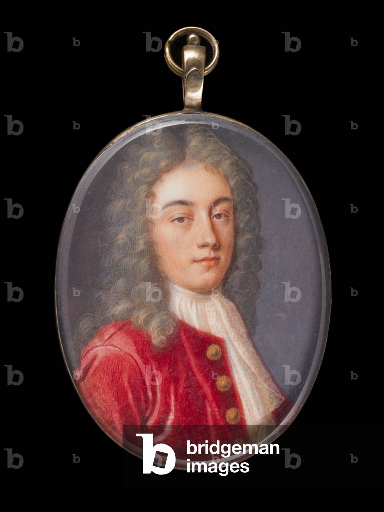 Portrait miniature of a Gentleman, wearing red coat with gold buttons over tied white cravat, curled and powdered wig (w/c on vellum)