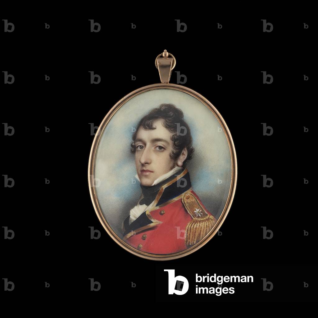 Portrait of gentleman identifed as Lieutenant Thomas Gore Coldstream Guards wearing a red military jacket set within a gold frame