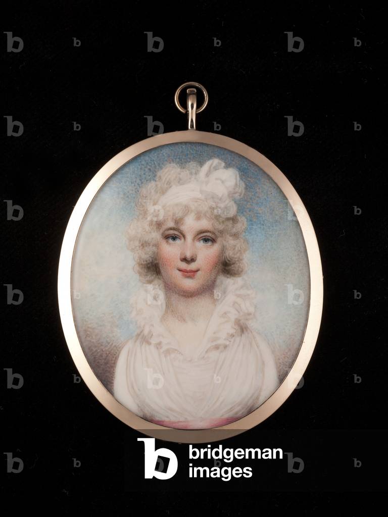 Portrait miniature of an unknown lady wearing a white dress with pink sash and bandeau in her powdered hair (w/c on ivory)