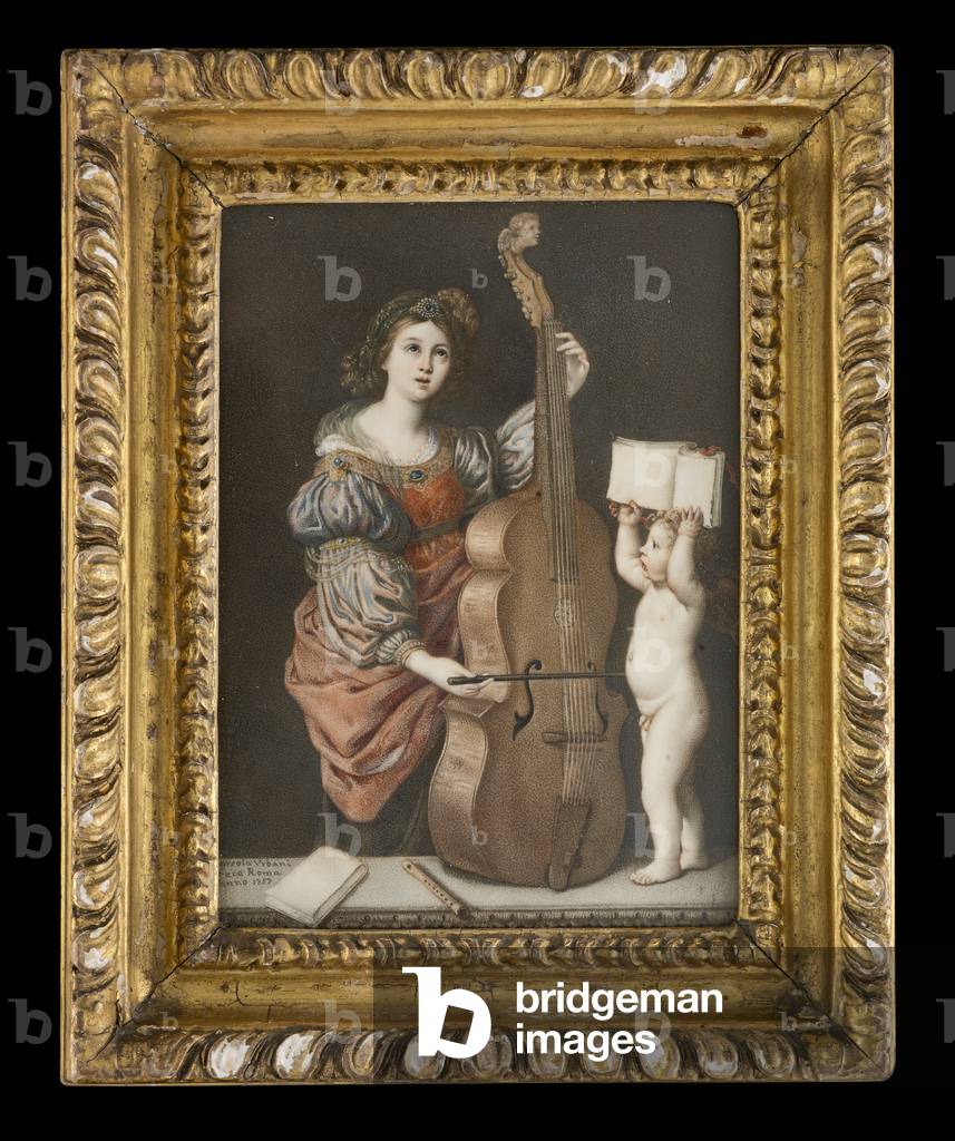 Portrait minature of Saint Cecilia playing a viol with a cherub holding music, 1757 (w/c on ivory) 