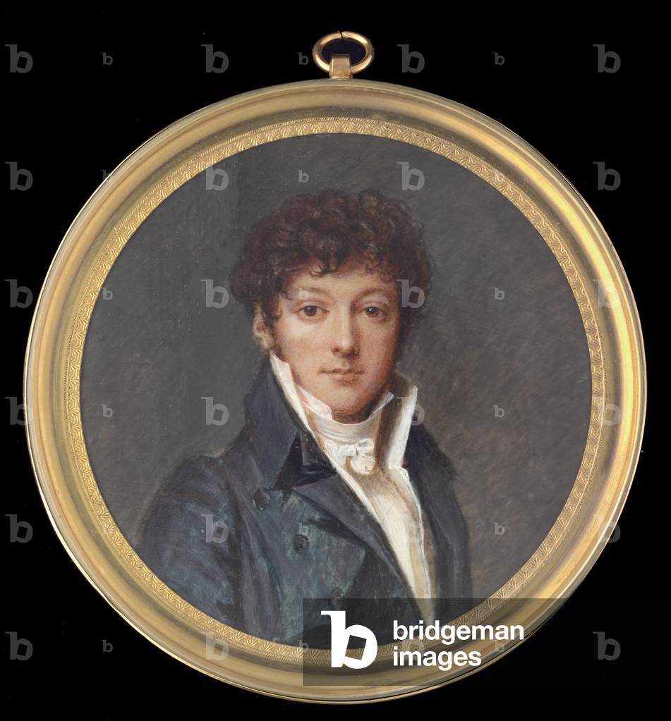 A portrait miniature of a gentleman, wearing a blue coat, white waistcoat and shirt (w/c on ivory)