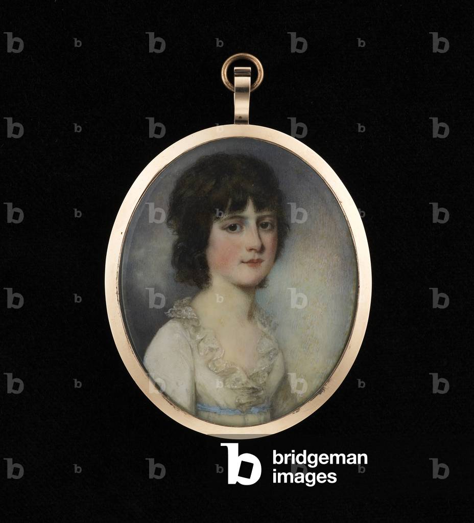 A portrait of a young girl, wearing a white dress with frilled collar and blue waist sash (w/c on ivory)