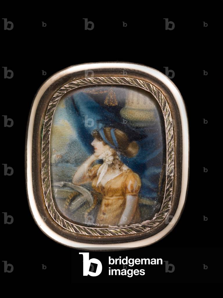Portrait miniature of a Lady, wearing ochre-coloured dress, her hair bound with a blue ribbon, she leans on an anchor, blue curtain and column background, a ship in the distance (w/c on ivory) 