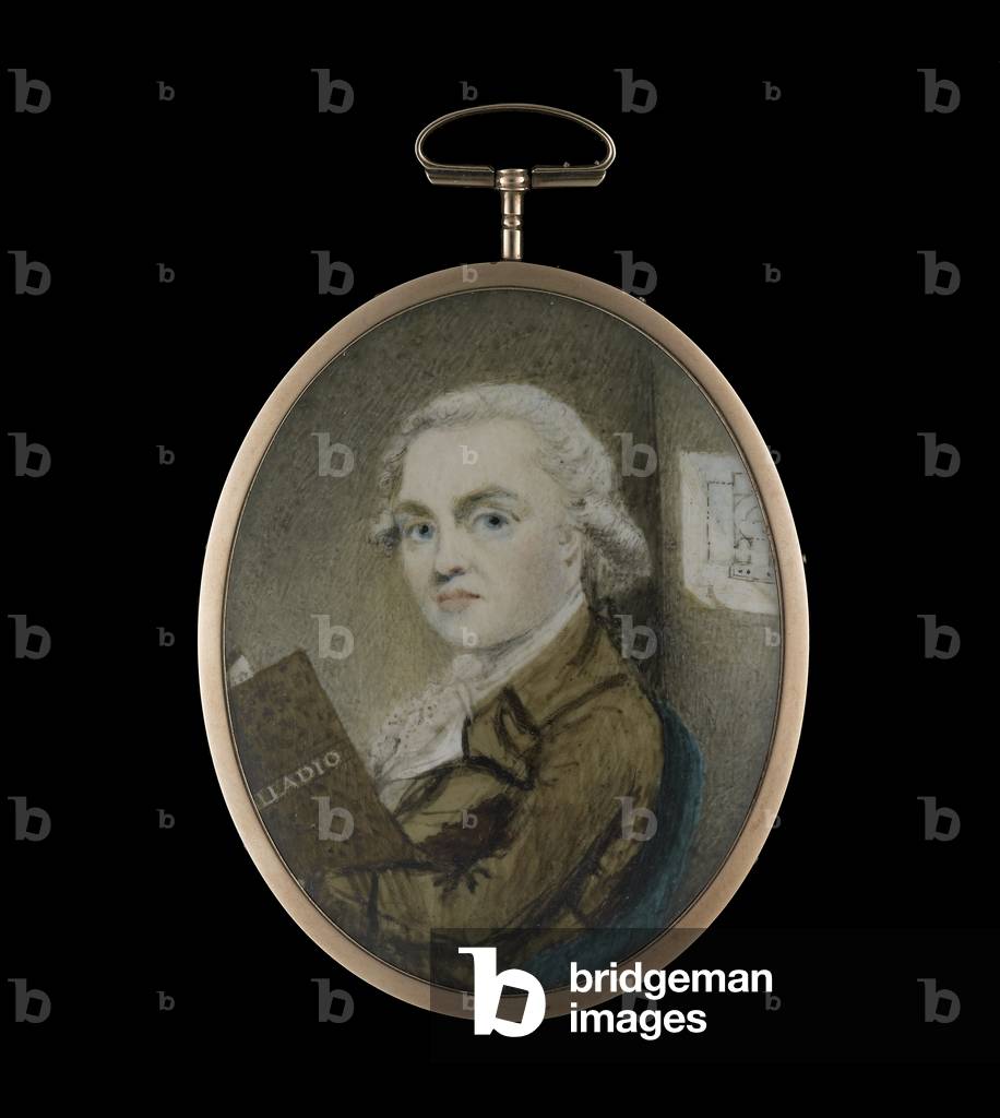 Portrait miniature of an architect, possibly James Craig, seated in a room with a copy of ‘Palladio’, an architectural plan on the wall behind , c.1770 (w/c on ivory)
