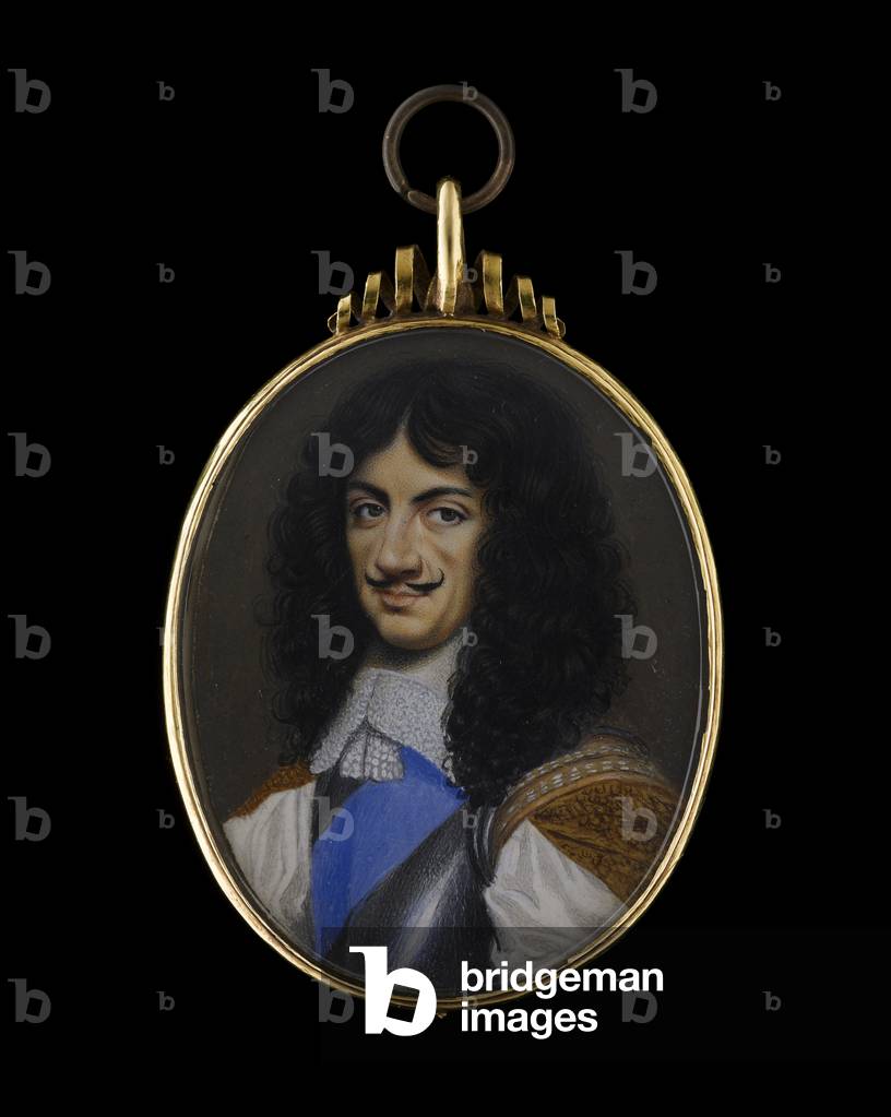 A double-sided portrait miniature, obverse showing a portrait of King Charles II wearing steel cuirass with a blue sash of the Order of the Garter, c.1660 (w/c on vellum)