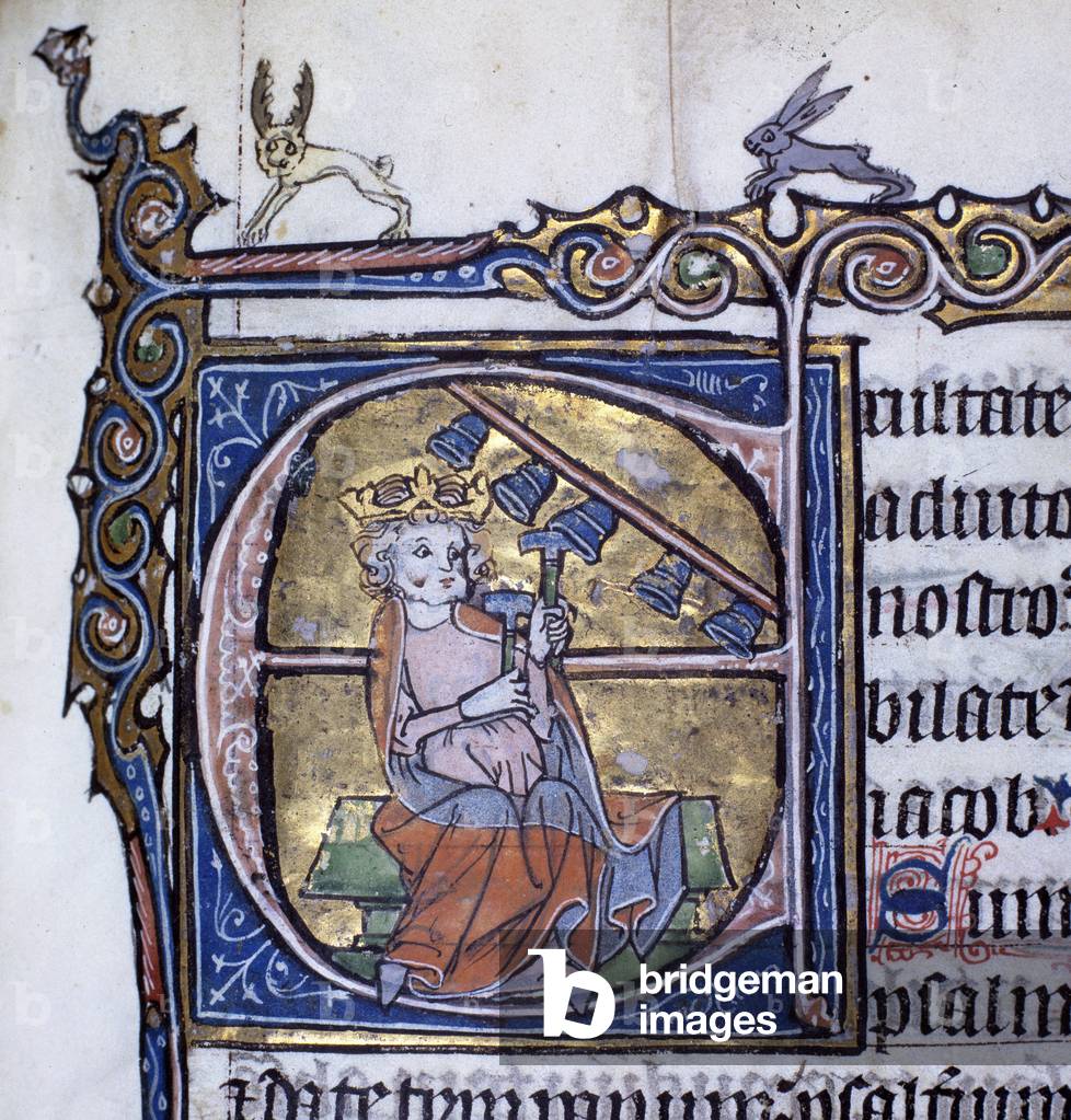 Representation of King David playing tintintinnabuli (bells). Miniature from a 14th century manuscript, Biblioteca estense de Modene, Italy
